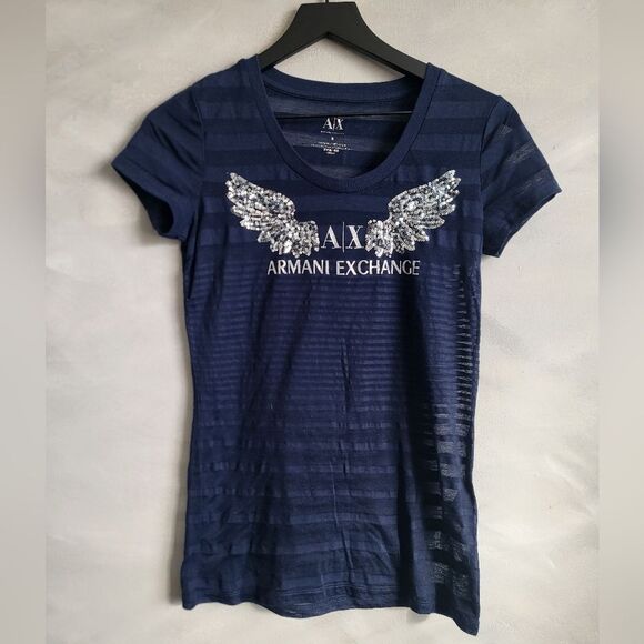Armani Exchange Y2K See Through Sheer Bling Sequin Wing Short Sleeve T-Shirt S - Picture 1 of 7